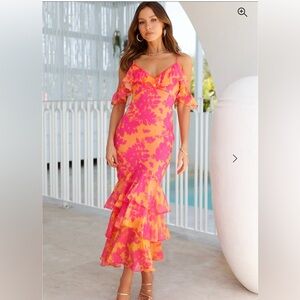 HELLO MOLLY pink and orange Floral Ruffle Off-Shoulder Dress -medium